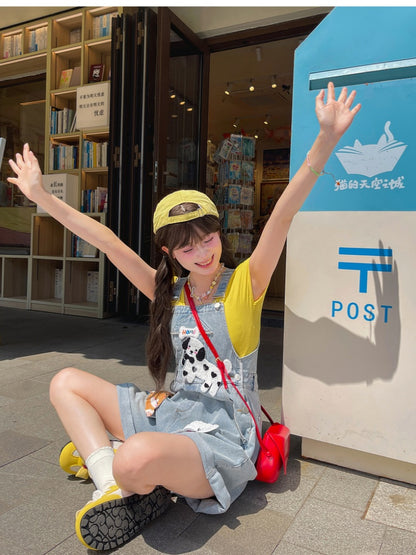 Blue High Detachable Waist Kitty Denim Overalls and Puppy Appliques with