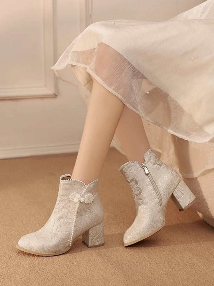 Qi Embellishments Regular/Thicken Version Boots Frog Lolita Accent Beige Button Satin Beads Floral -