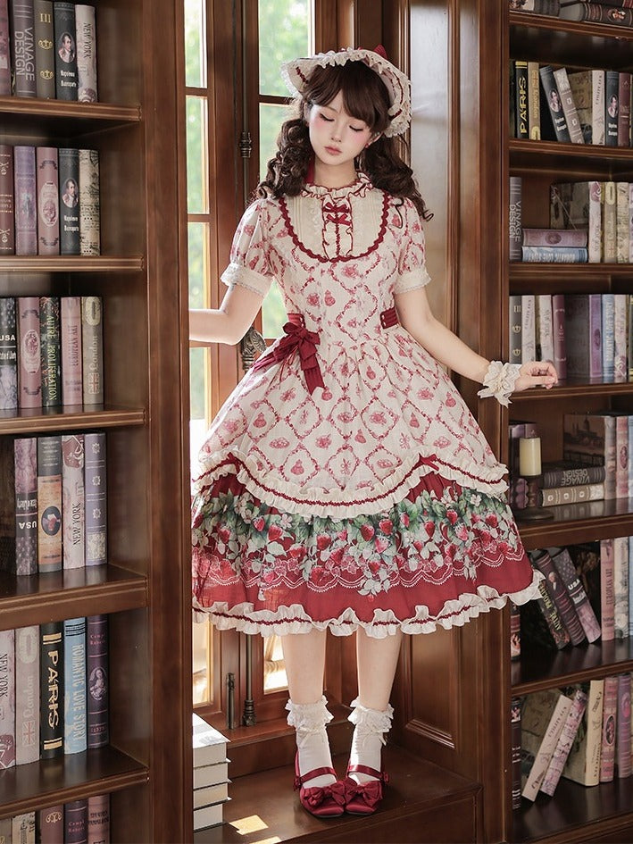 Sweet Lolita Strawberry Floral Printed OP Gown with Lace and Ribbon Accents - Currant