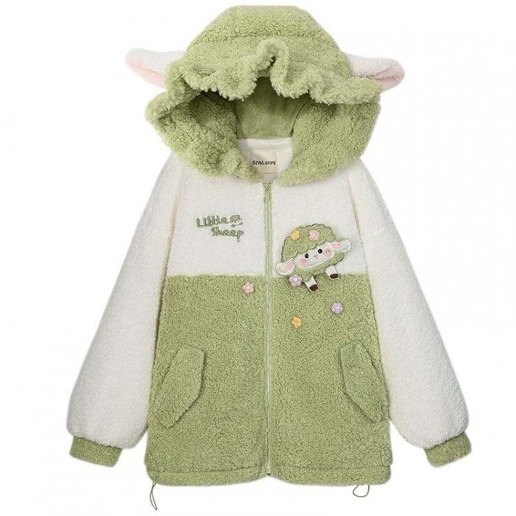 キュートなラムアップリケのホワイト＆グリーンカラーブロックデザインフリースジップパーカー