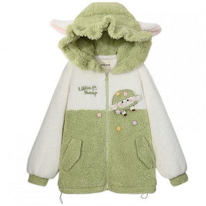 キュートなラムアップリケのホワイト＆グリーンカラーブロックデザインフリースジップパーカー