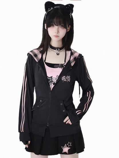 Pink Plaid Hood Black Star Embroidery Sun Protection Jacket