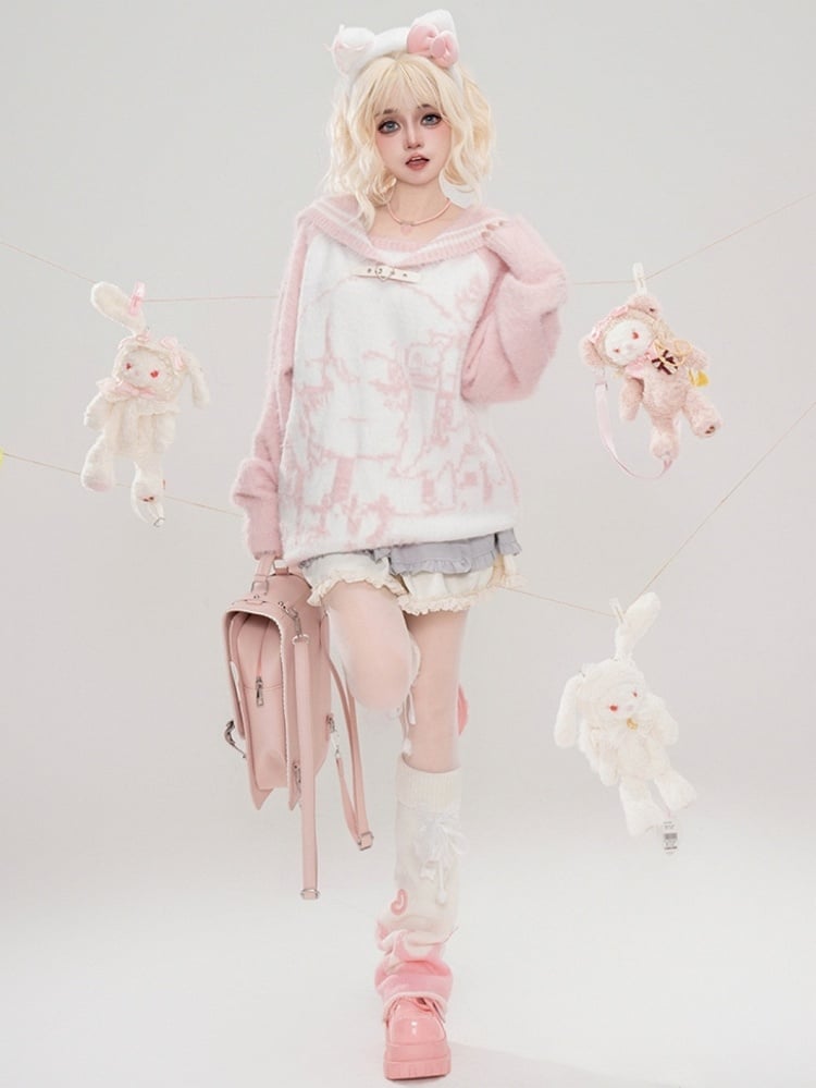 ライトブルー/ピンク/ブラック 自来也景 地雷ガールグラフィック セーラーカラーセーター