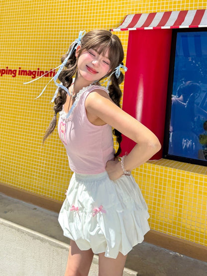 Bowknots White Elastic Waist Bubble Skirt Pink