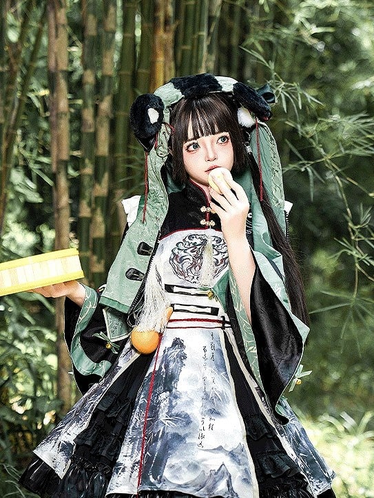 Ear with Panda-Embroidered Mint Hooded Cropped Vest and Accents Green Tassels Plush