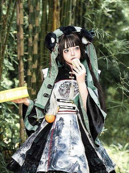 Ear with Panda-Embroidered Mint Hooded Cropped Vest and Accents Green Tassels Plush