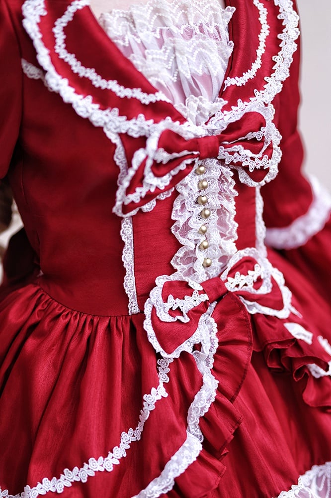 Wunderschönes Lolita-Kleid mit gestuftem Rüschenrock, Puffärmeln und Glockenärmeln in Rot