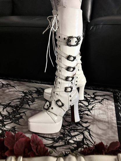 White Pointed-Toe Gothic Knight Boots with 11CM Chunky Heel & Thick Sole - sphenoid