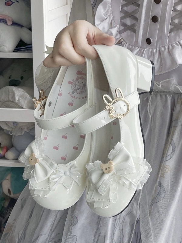 Lolita Round Heels PU Low with Sweet Toe Leather White