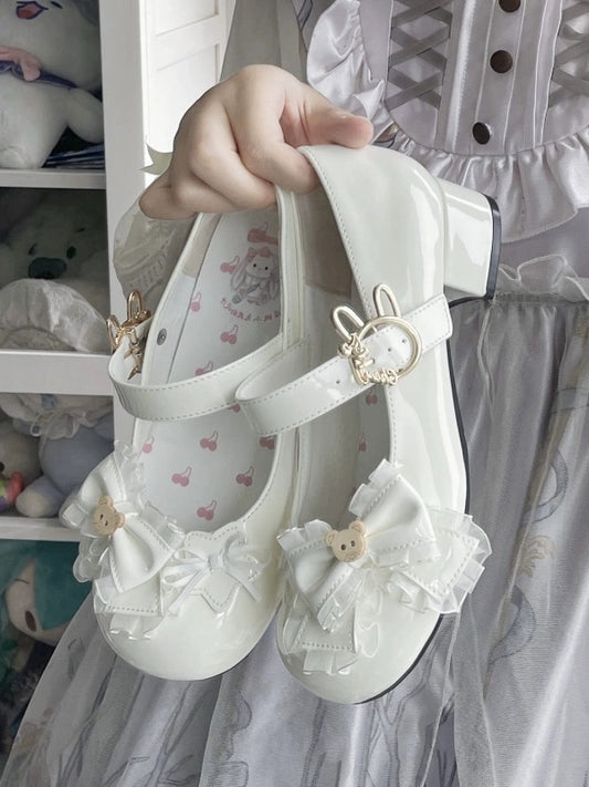 Lolita Round Heels PU Low with Sweet Toe Leather White
