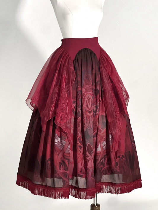 Red Dragon Print Skirt with Irregular Embroidered Overlay