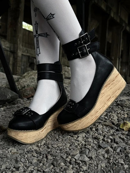 Janes in with Black Decor Buckles Closure Platform Ankle - Mary Layered PU