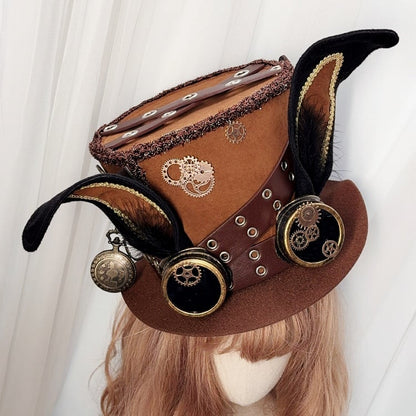 Details Watch Decorated Hat Steampunk Gear Brown Ear Bunny Chain Pocket Lolita