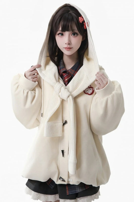 Toggle Button with Hem - Apple White Hooded Bubble Closure Jacket Brooch