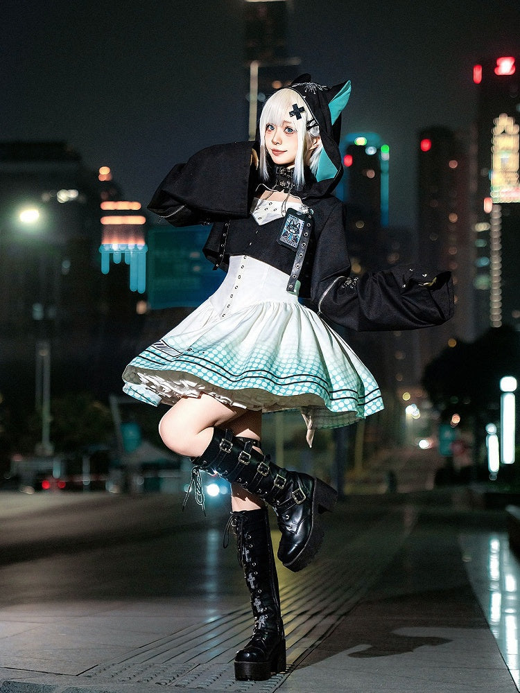 Electronic Cat Cutout Hooded Crop Top & Self-Tie Gown in Black Blue - Xiong Dou Jiang