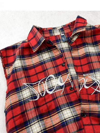 レター ノースリーブ パターン レッド シャツ チェック柄 刺繍 Y2K