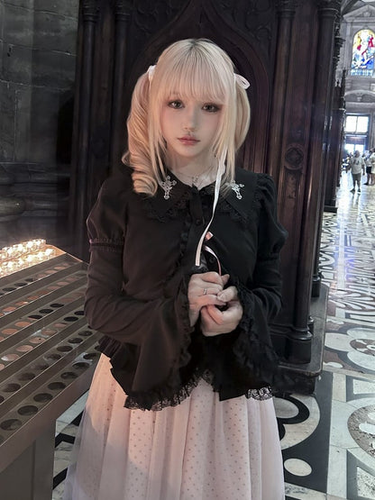 Sleeves with Embroidered Cross Black Rose Gothic Blouse Bell and