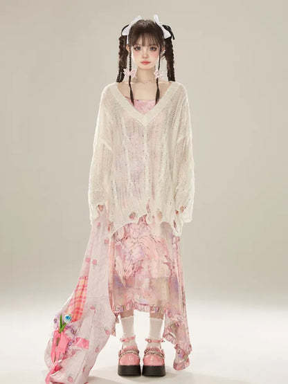 Rosafarbenes, asymmetrisches Midikleid mit Schmetterlingsrüschen und Urlaubssaum