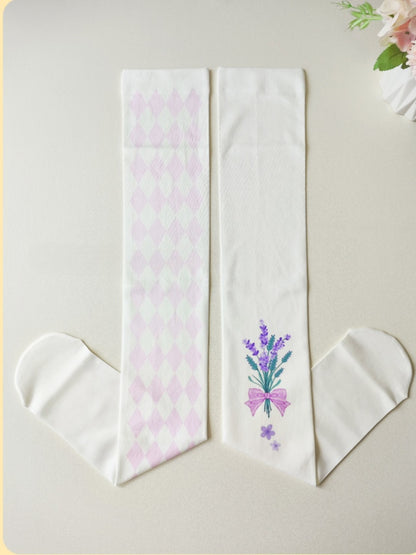 White & Pink Lavender Print Diamond Pattern Over Knee Stockings