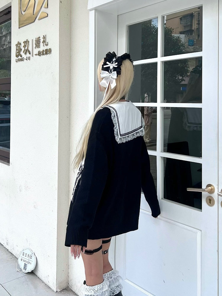 Embroidered Top Cross with Sleeve Collar Black Long Gothic Pointed Flat