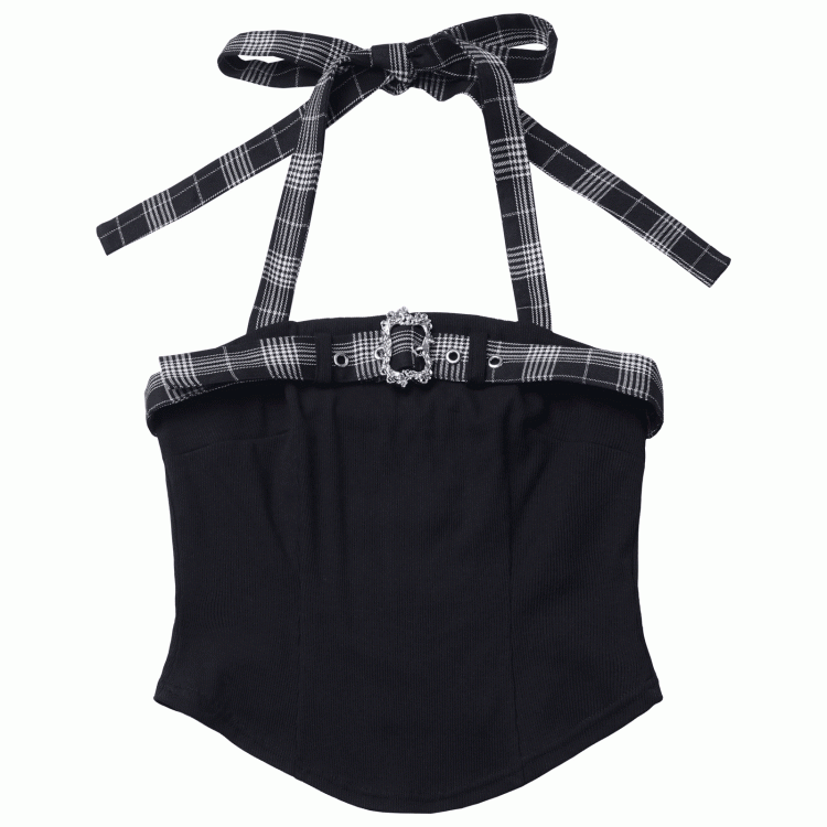 Plaid Adjustable Idol with Red/Black Top Black Panel Cami Y2K - Buckle Self-Tie Halter