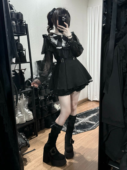 Black Cape Design Long Sleeve Dress with Lace and Shorts Set - Faded Dolls