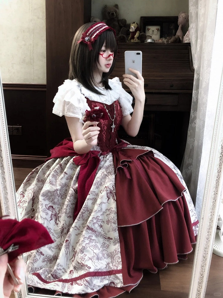 Animals and Bodice Elegant Forest with Corset Print Lolita Dress Red