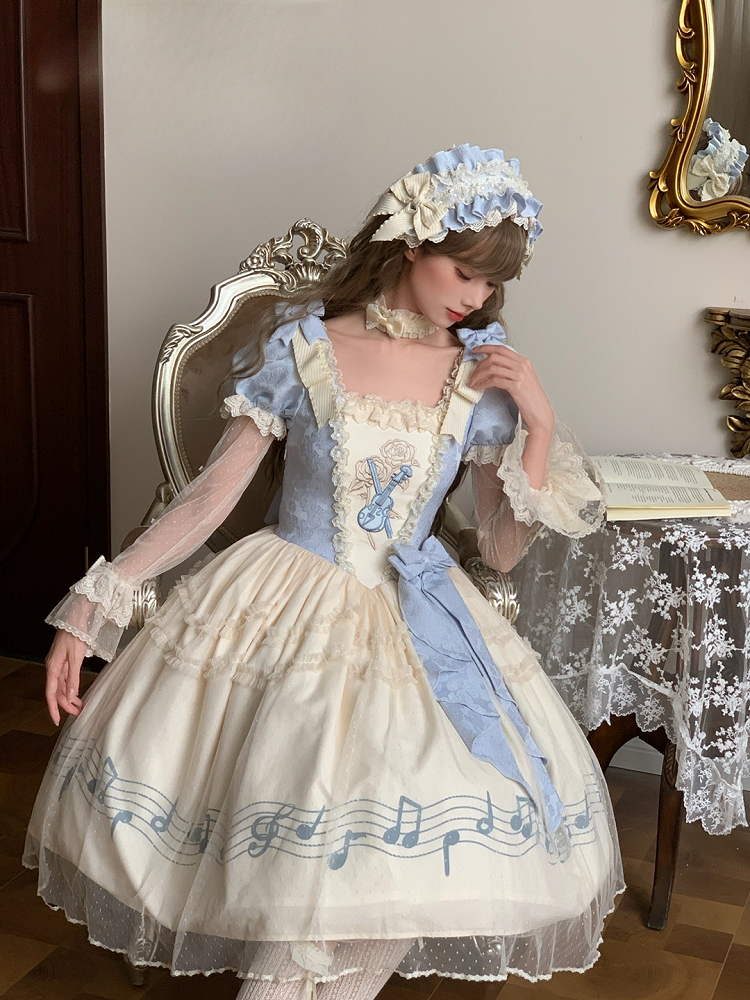 Lolita Blue Note Version Elegant Lace Dress Classic Musical Short Print Beige Violin Embroidery with