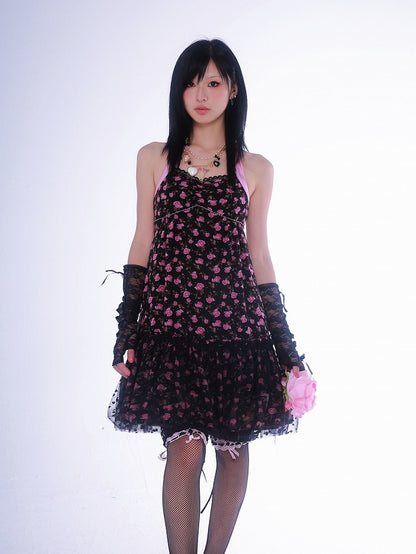Gyaru – Schwarzes Neckholder-Kleid mit Blumenmuster