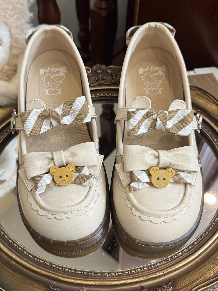 Pattern PU Details Off-white 2cm - Striped Shoes Bow Lolita Bear