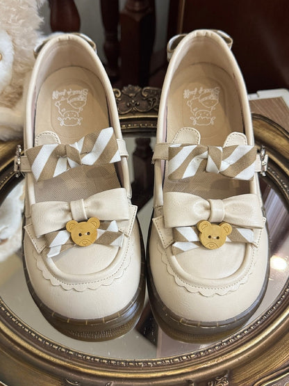 Pattern PU Details Off-white 2cm - Striped Shoes Bow Lolita Bear