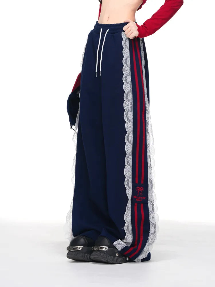 Cut Lace Wide-Leg White/Dark Trim Pants Blau Blokettecore