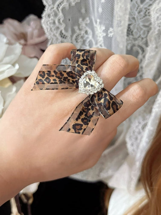 Muster Verziert Bowknot Braun Herz Ring Strass Leopard