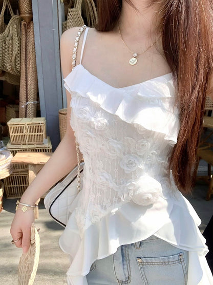 White Holiday Asymmetrical Ruffle Hem Top - Qchiwawameme
