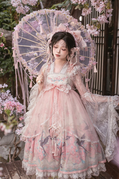 Peach Blossom Print Pink Empire Waist Chinoiserie Lolita Dress with Beaded Sheer Overlay - Dream Magic Box