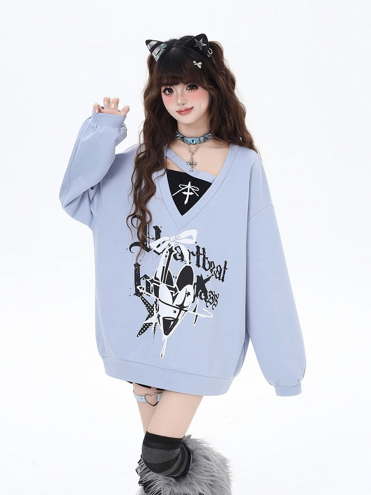 スウェットシャツ Vネック ハート＆リボンプリント ルーズ ツーピース ビタースウィート ブラック/ブルー フェイク