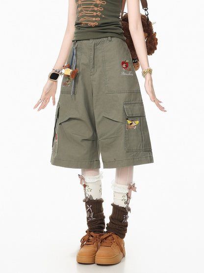 Green Cropped Cargo Shorts with Puppy Embroidery - Languid Park
