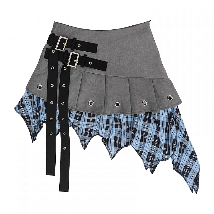 Blau karierter Taschentuchsaum Graue Schnalle Y2K Trägerrock