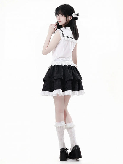 バッジホワイトセーラーカラーカーブヘムノースリーブトップスと取り外し可能な蝶結び付き