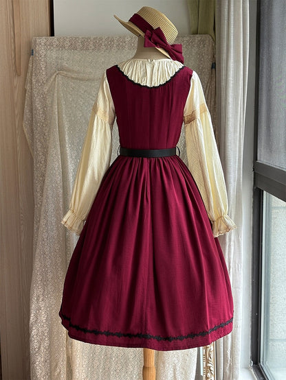 Red & Beige Round Neck Long-sleeved Elegant Classic Lolita Dress with Lace-Up Front
