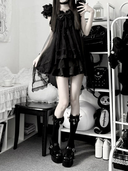 Onyx Landmine Trio: Camisole Dress, Asymmetric Tulle Overlay, Choker - Pink Rabbit