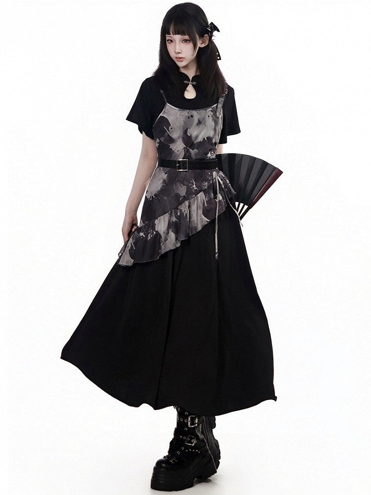 Black Asymmetric Cami Long Dress with Ink Print - PINK SAVIOR
