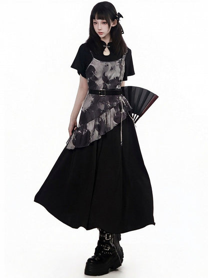 Black Asymmetric Cami Long Dress with Ink Print - PINK SAVIOR