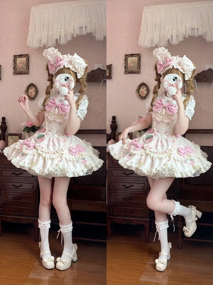 Strawberry Pink and Lace Dot Dress Gentle Lolita Details with Bow JSK Polka Themed Apricot