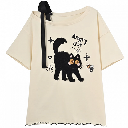 ホワイト/ベージュ 猫柄 レタス裾Tシャツ