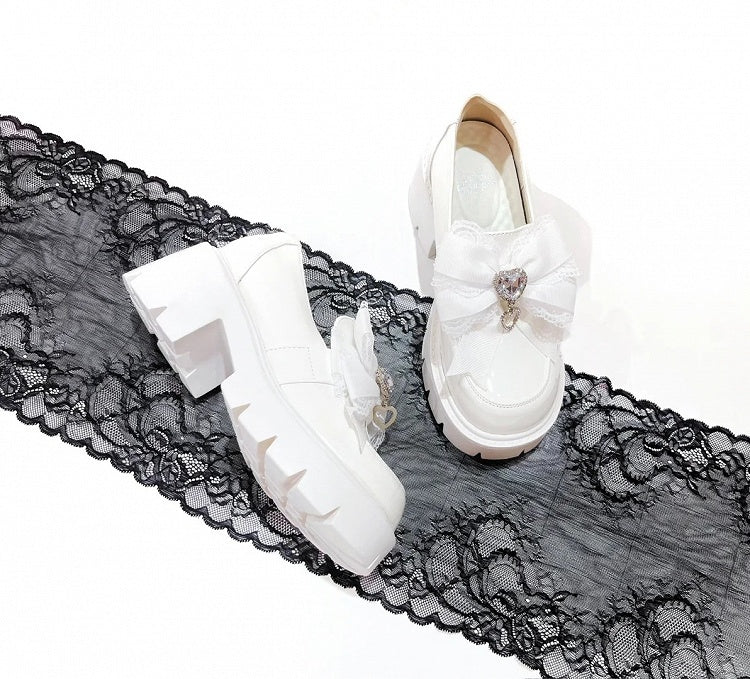 Loafers Kei Platform White 6cm in Bow Matte Chunky Heel Heart Decor Rhinestone Jirai