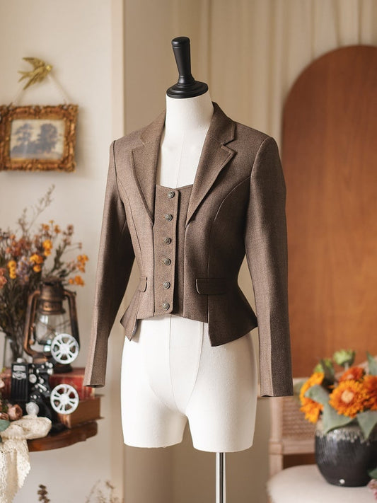 Cropped Autumn/Winter Buttons Metal Coffee Blazer with Vintage