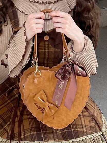 Design Texture Brown Chocolate Light Bow Decorative PU Bag Lolita Sweet Heart Hand/Shoulder/Crossbody with