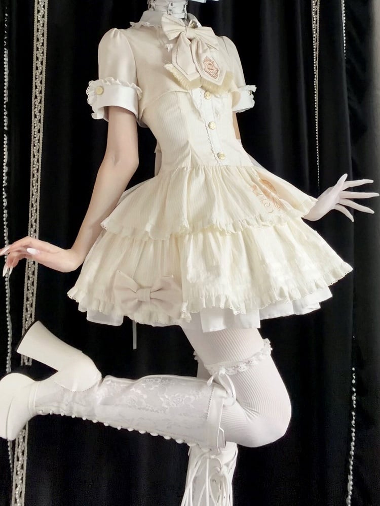 Beige Preppy Striped Two-Piece Gown with Crown Embroidery - Fairy Faith