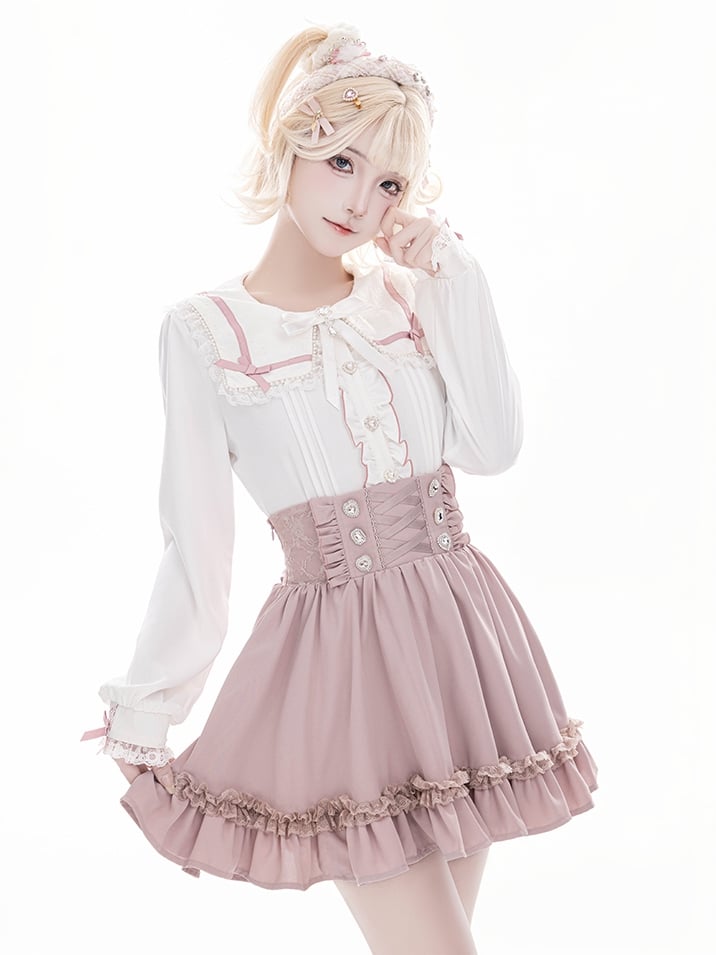 Beaded Collar Long Lace Shaped Pink Kei Sleeve and Heart Square Buttons Jirai with Blouse: